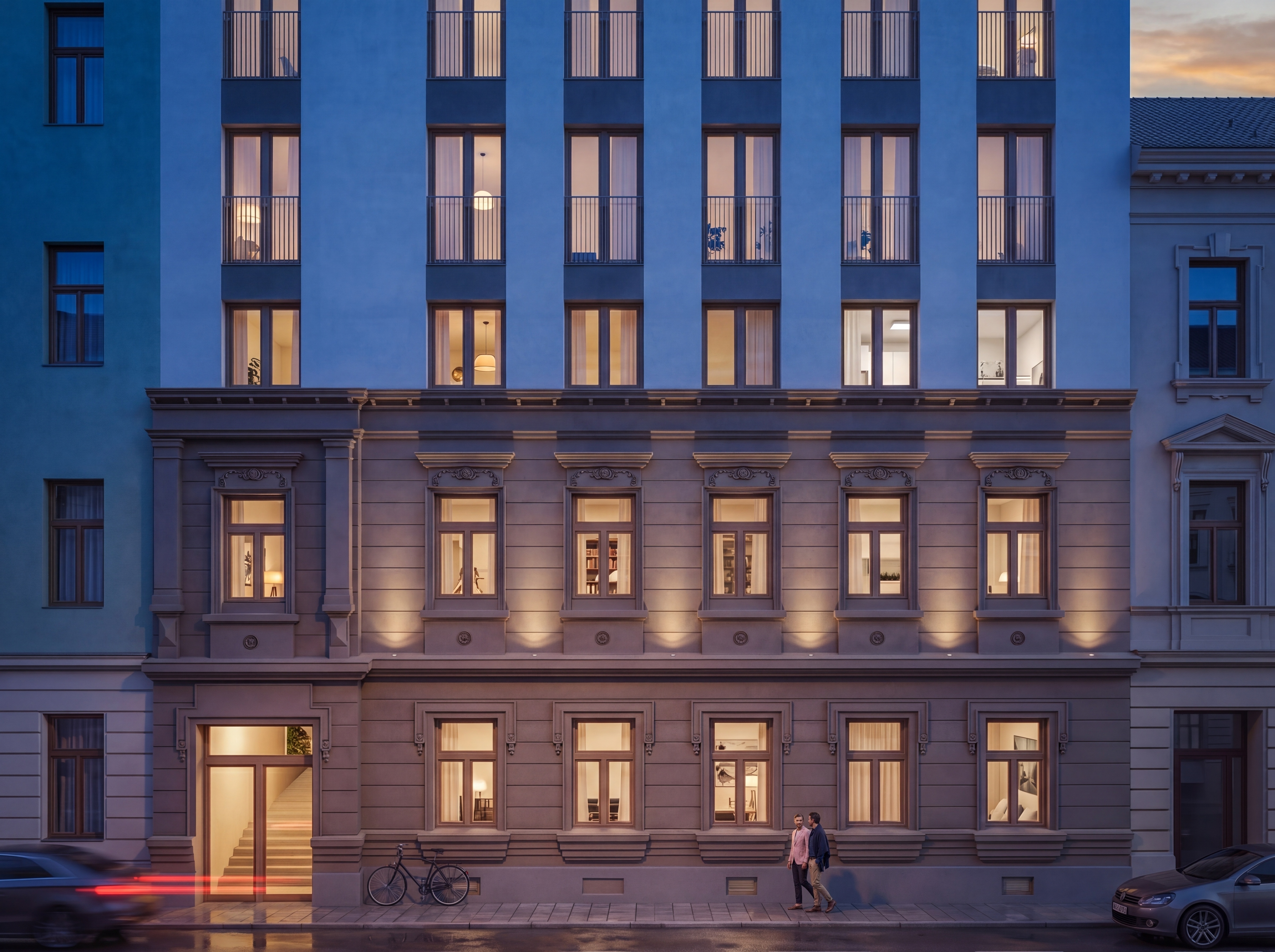 Nachtansicht der beleuchteten Fassade